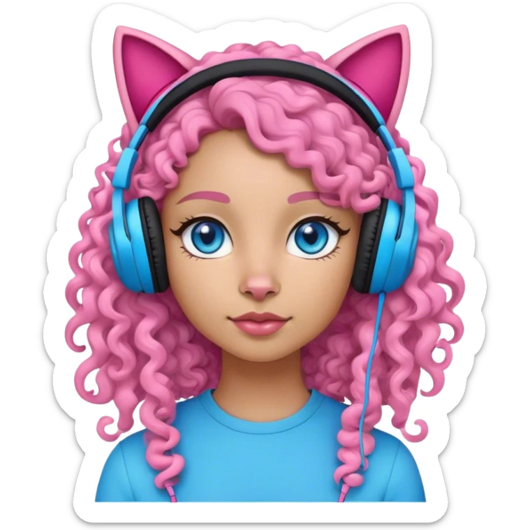 A woman with curly half black half white long hair and bright blue eyes wearing pink cat over the ear headphones sticker