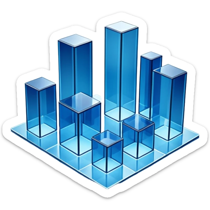 A minimalist 3D illustration of abstract glass buildings in blue tones, made of transparent glass-like materials with soft lighting and subtle reflections, isometric perspective, white background, futuristic architecture concept, volumetric light, clean render, high detail, no text sticker