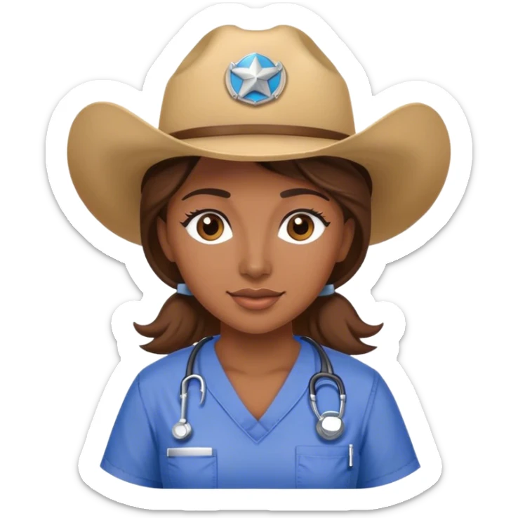 Woman with brown hair wearing scrubsand a cow girl hat sticker