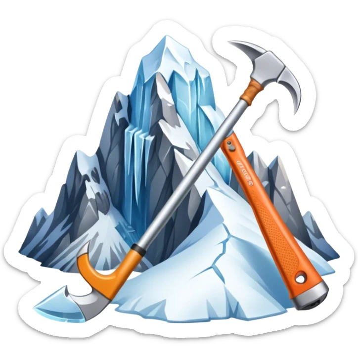 Icon for Mountain Tourism and Climbing: a mountain peak in the background, an ice axe, and climbing gear. The icon should capture the adventure and challenge of alpine exploration. Transparent background. sticker