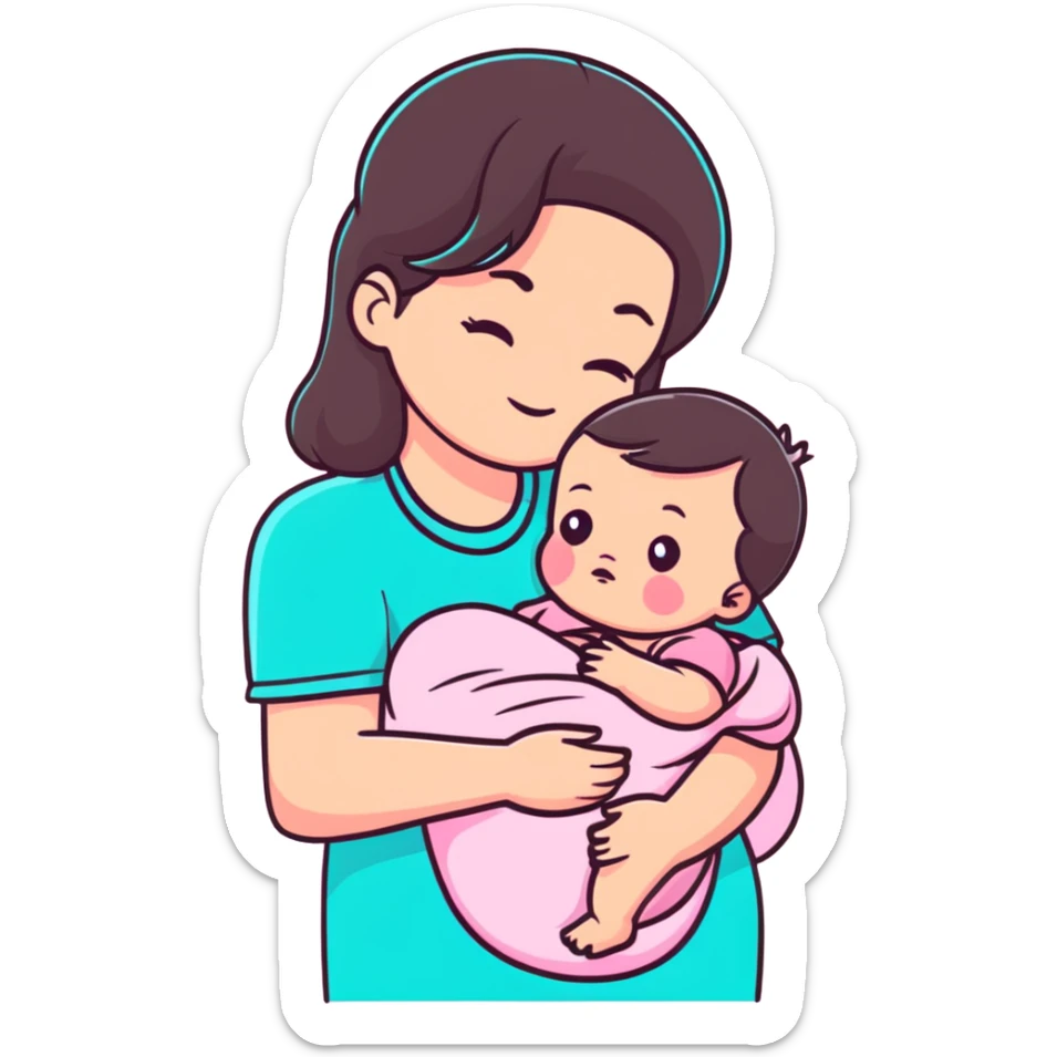 brunette mom cuddling baby with pastel pink clothing and accessories sticker