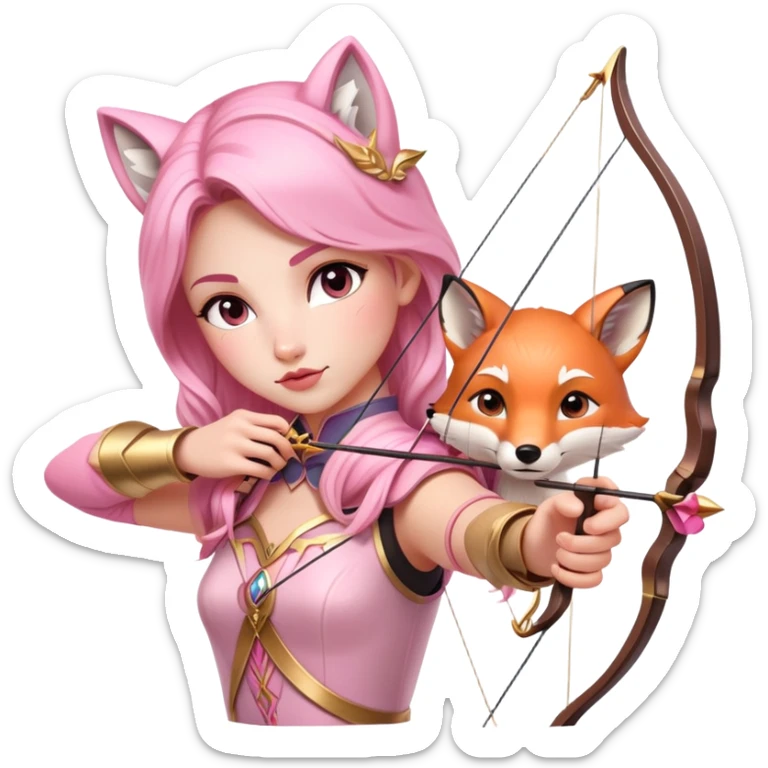 archer aiming bow with fox beside, dreamy fairytale, pink and gold accents, inspired by 'Once Upon a Broken Heart' sticker