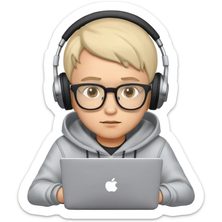 Emoji of an IT professional: wearing glasses, hoodie or T-shirt, using a laptop, focused expression, possibly with headphones or coffee sticker