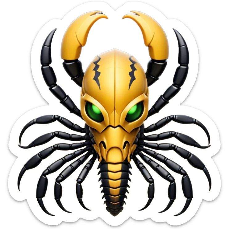 Cinematic Noble Emperor Scorpion Portrait Emoji, Poised and formidable, with a robust, armored build and a glossy, jet-black exoskeleton accented by striking, segmented pincers, deep-set piercing eyes, Simplified yet sharp and sophisticated features, highly detailed, glowing with a cool, dignified glow, high shine, intelligent and imposing, stylized with an air of ancient desert majesty, focused and attentive, soft glowing outline, capturing the essence of a watchful and commanding scorpion that feels as though it could silently creep out of the screen with effortless authority! sticker