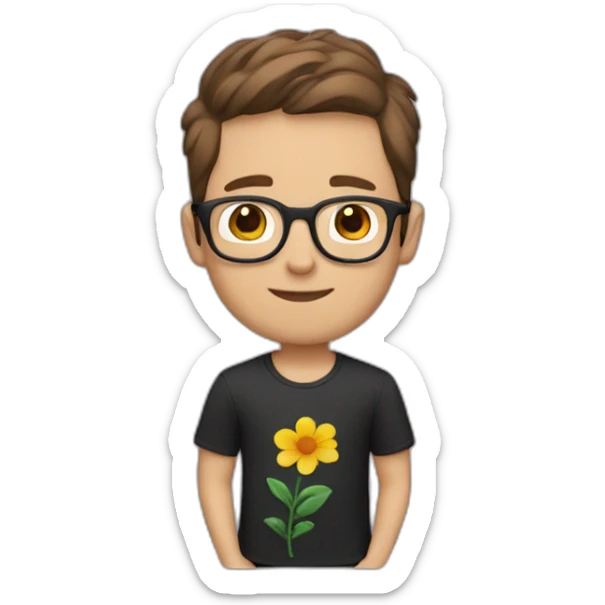 white guy short brown hair wearing glasses and dark t-shirt with flowers print sticker