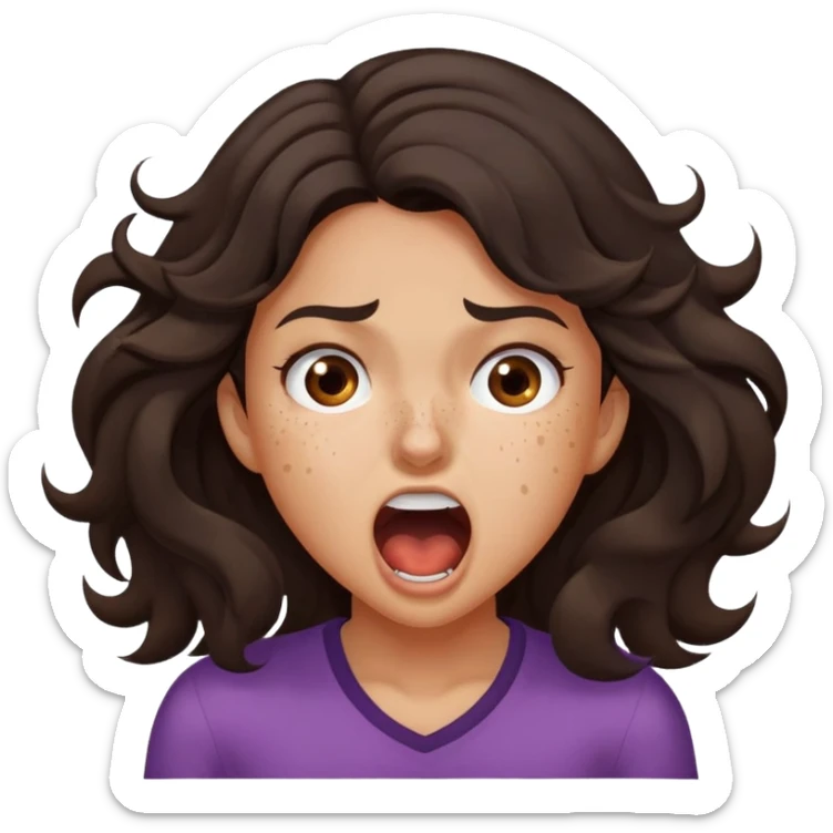 girl very dark brown wavy hair freckles tan skin color brown eyes screaming choking sticker