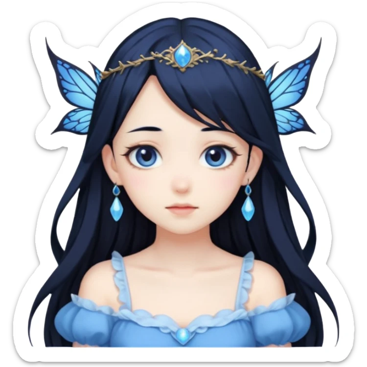 Gothic anime fairy with long beautiful black hair and blue dress, pastelcore, sticker