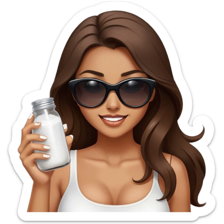sassy woman with long brown hair, tan skin, and dark sunglasses holding a salt shaker filled with white table salt. She is shaking and sprinkling the salt. She is smirking.  sticker