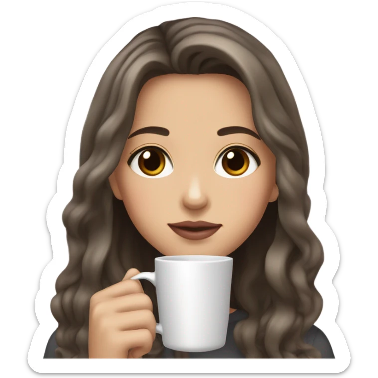 Girl with brown hair with dark gray highlights, fair skin, long beautiful hair, soft pink lips, brown eyes, drinking coffee sticker