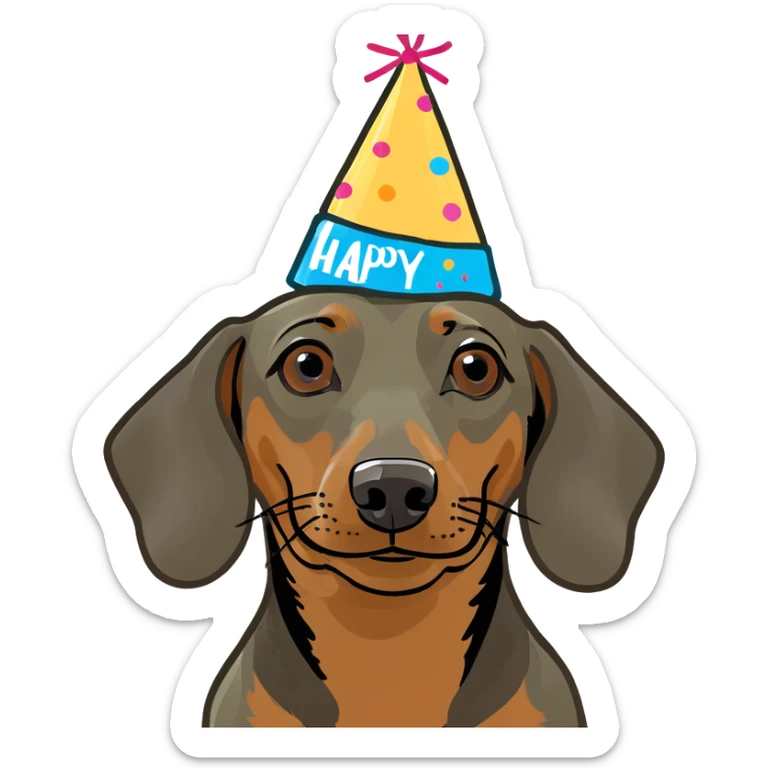 brown and tan dachshund wearing a birthday hat next to a birthday cake with candles sticker