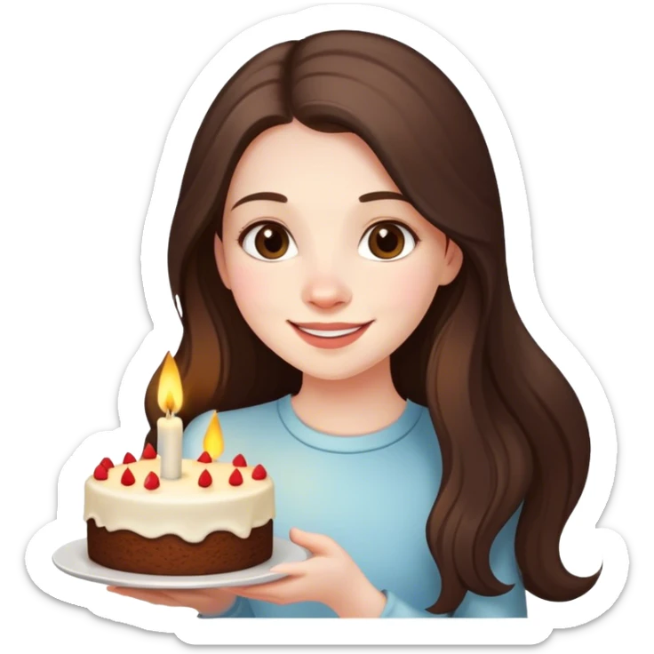 happy beautiful pale brunette girl with long hair holding a piece of cake with candle sticker