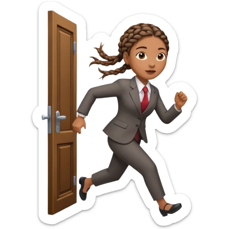 brown skinned female with braids in business attire running out of door sticker