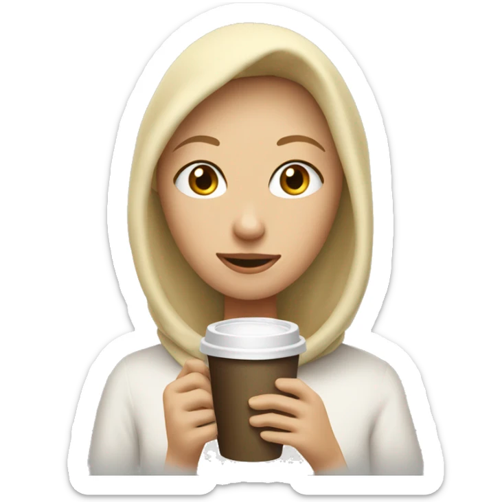 A girl with blonde hair, her head covered with a duvet, and drinking coffee sticker
