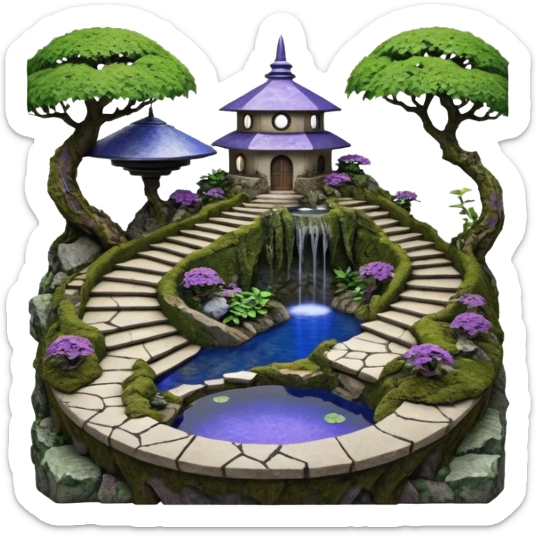 Alien saucer house jungle-vines precarious narrow stairway fountain koi pond mountain-island getaway nighttime landscape antique mudman very old broken cracked intricate Stone Age lapis-crusted irregular dodecagon-shaped shallow dark moss rough bark violet serissa flowered maple tree bonsai sticker