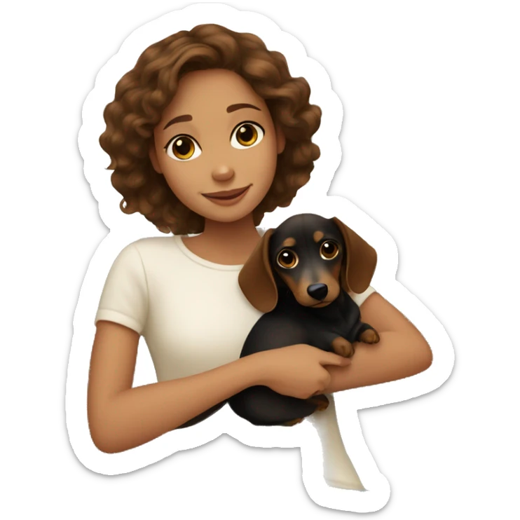 Brown wavy hair girl cuddling a small honey black dachshund sticker