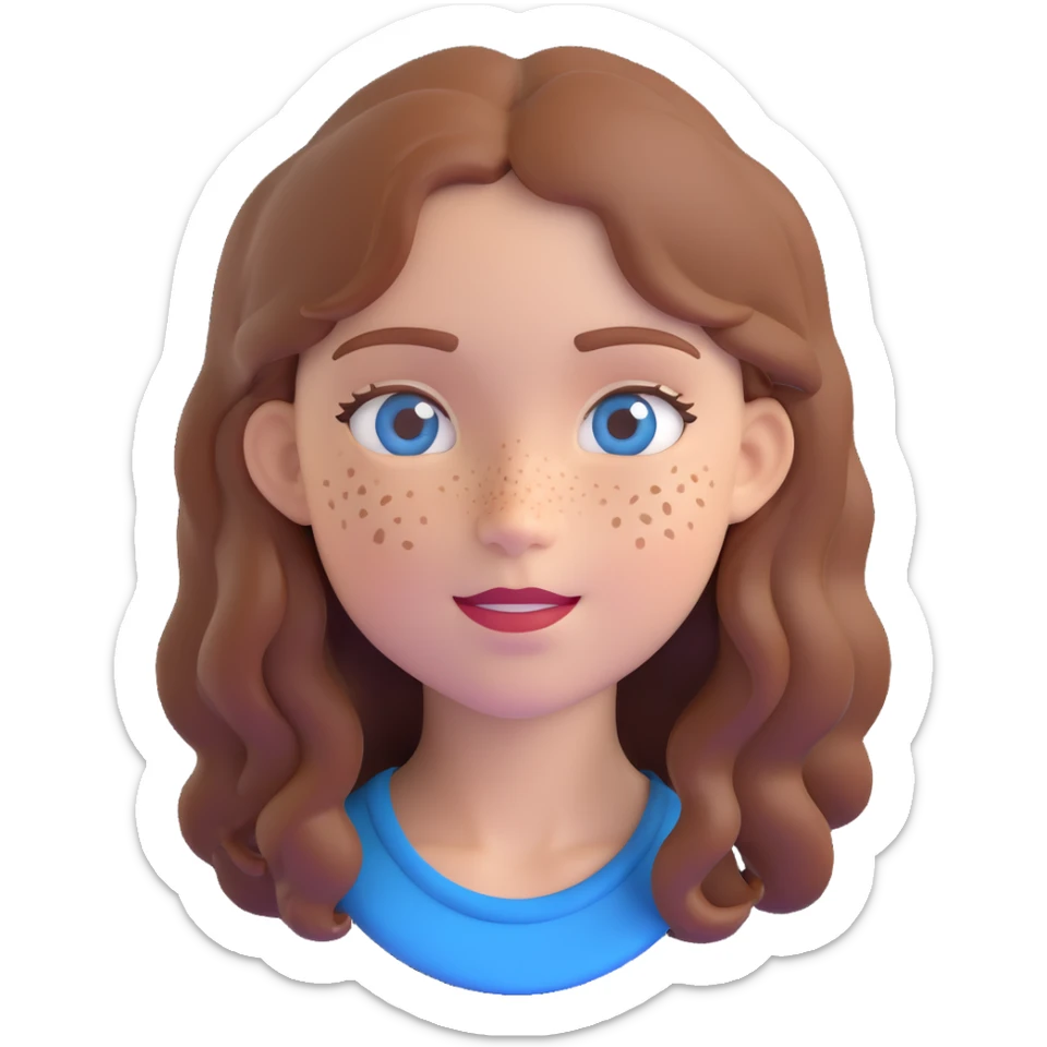 a girl with warm brown slightly wavy hair, blue eyes, and lots of freckles, 3D emoji style sticker