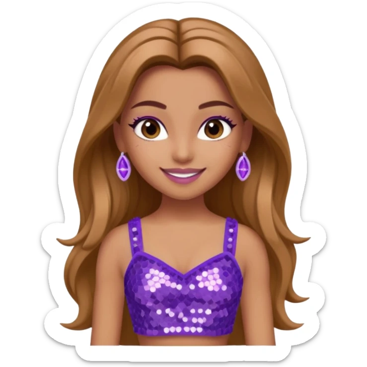Yasmin from Bratz with long light brown hair, tan skin, brown eyes, lilac sequin crop top sticker