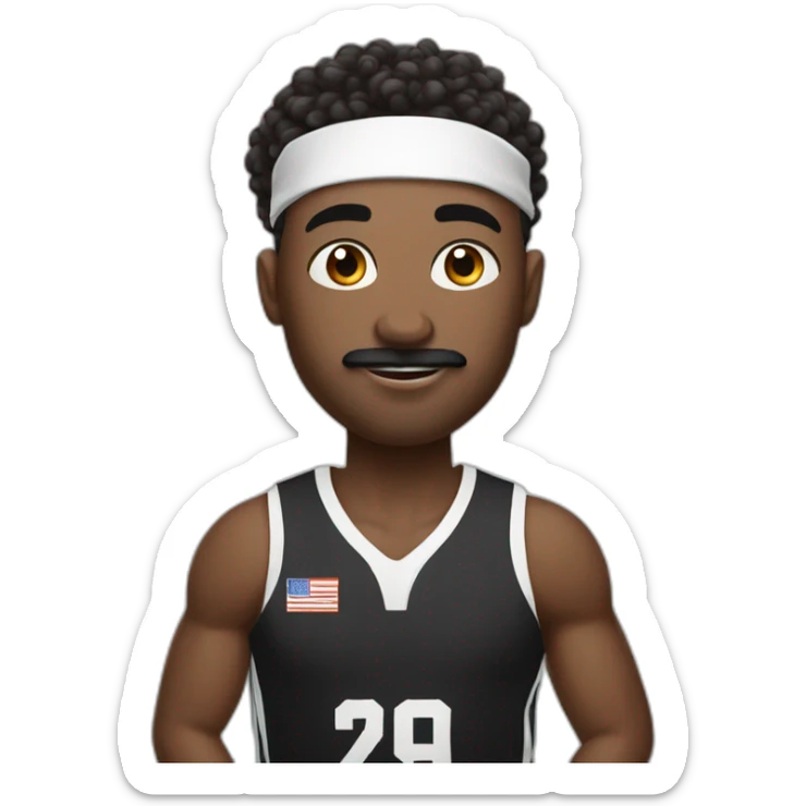 black basketball player with moustache holding the notebook wearing black and white jersey curly hair and handband sticker