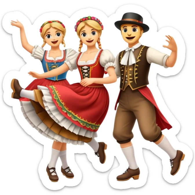 Cinematic Realistic Schuhplattler Dance Emoji, depicted as a lively traditional folk dance scene with performers in authentic Bavarian costumes, rendered with dynamic textures and festive natural lighting that captures the spirit of rural celebration. sticker