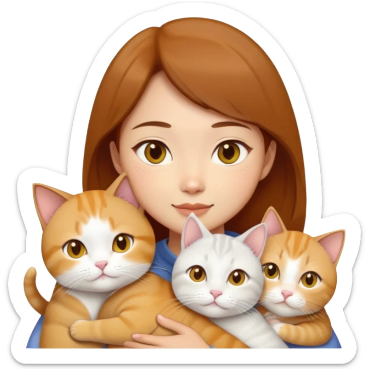 Asian girl, brown hair, brown eyes skin tone almond hugging three cats one ginger, one yellow white one British short hair cream colour sticker