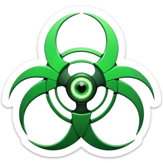 Minimalist emoji-style sticker of a fractured biohazard symbol with a small eye in the center. Stylized, geometric, no text.
 sticker