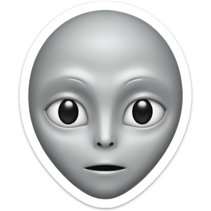 Grey alien head, almond-shaped black eyes, pale grey skin, cartoon emoji, no background sticker