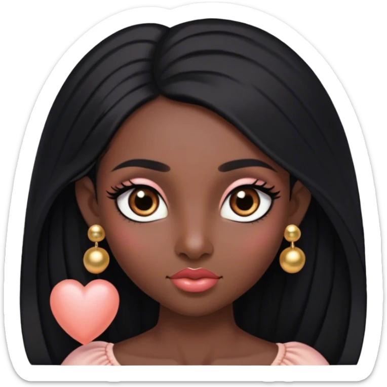 Pelo negro largo lacio hacia el frente,tes negra, cejas pronunciadas, ojos grandes con pestañas largas color marrón oscuro los ojos, nariz pequeña, labios grandes con arco de cupido color coral claro, orejas pequeñas y con pantallas pequeñas de bolita color oro sticker