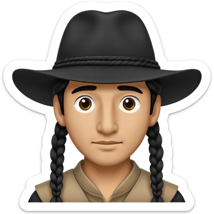Man wearing a black wide brim hat with a long nose with 1 braid of hair on each side of his face sticker