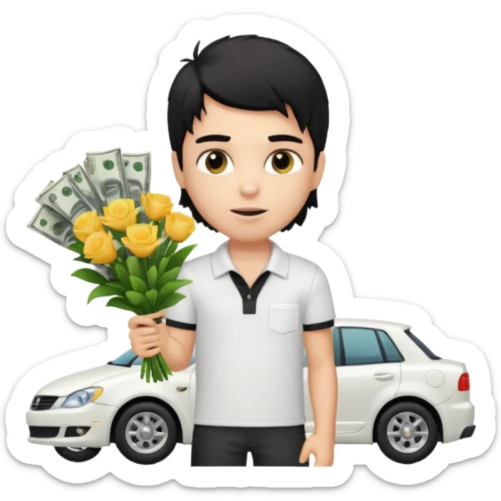 generate a pretty fair bratz boy with a messy mullet (black hair), wearing a white polo.  carrying a bouquet made of money. expensive car behind him sticker