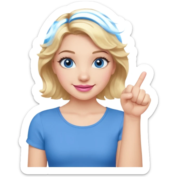 Girl Blonde short wavy hair,  blue eyes, cute blue top, long lashes, pink lips, smiling, fist bump sticker