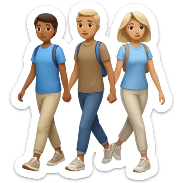 iOS emoji style - a men and 2 women in casual clothes and wearing trainers. Walking in the same direction quickly together. 
Not holding hands. No backpacks. 
 sticker
