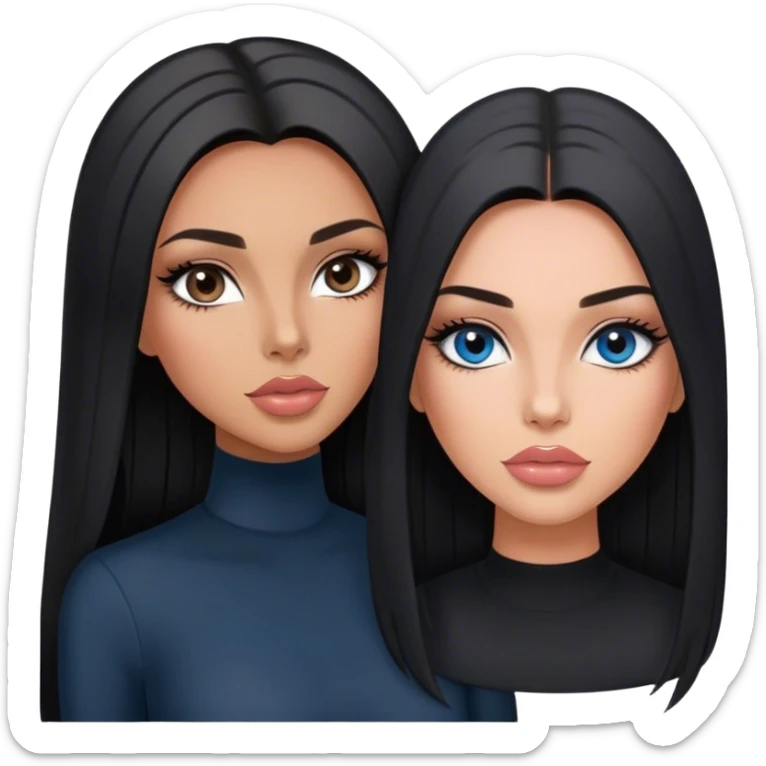 Glamours, tanned, very beautiful girl, with big pump peach-beige-rose lips, long long lashes, black straight smooth silky long hair, straight parting hair, blue-grey eyes in black clothes sticker