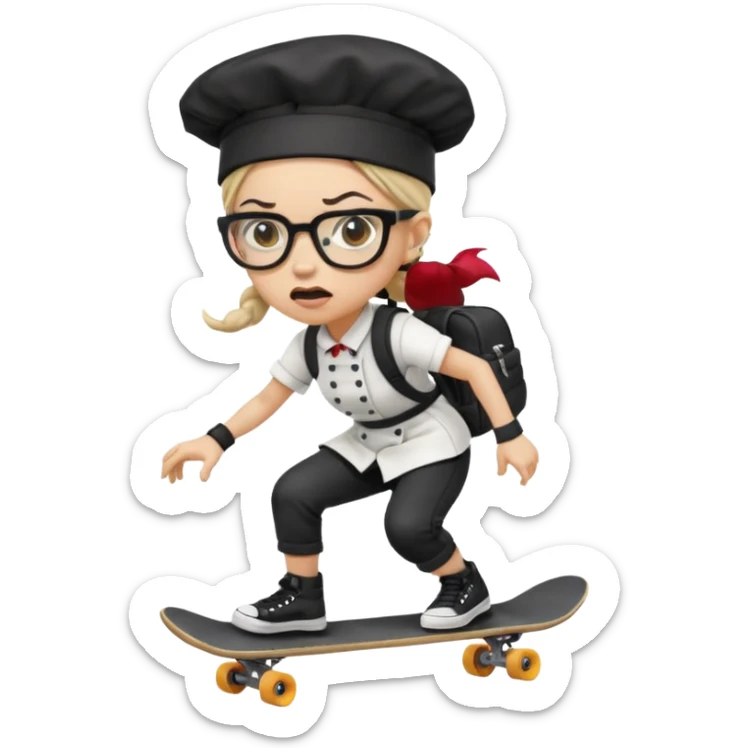 ["An angry woman with light skin, ponytail, wearing a chef hat and square glasses, dressed in goth fashion, is skateboarding while holding a backpack."] sticker