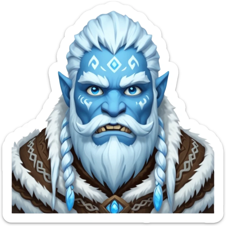 Legendary fantasy orc Christmas portrait icon, Frostfather and Snow Maiden inspired, primal winter god style, massive icy beard, glowing blue eyes, heavy fur coat, tribal frost runes, powerful brutal presence, blizzard atmosphere, clean stylized emoji icon
 sticker
