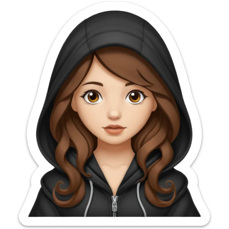 cute woman long wavy brown hair tattoos curled inside hood sticker
