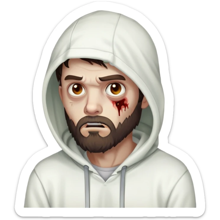 thinking zombie wearing white hoodie, with dark brown hair and short full beard sticker