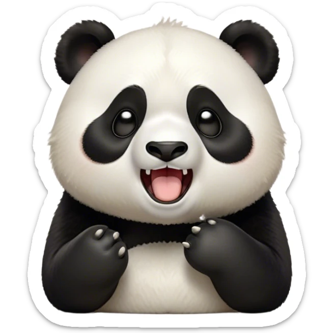 Cinematic Cute Yawning Panda Portrait Emoji, Head tilted slightly with a dramatic, wide-open yawn, showcasing a soft, plush black and white Fur with droopy ears, round eyes barely open in drowsy contentment, Simplified yet irresistibly adorable features, highly detailed, glowing with a soft, cozy glow, high shine, relaxed yet expressive, stylized with a touch of gentle whimsy, bright and endearing, soft glowing outline, capturing the essence of a sleepy yet affectionate panda, so drowsy it feels like it could stretch right out of the screen and curl up for a nap! sticker