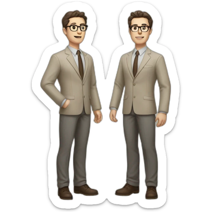 Full height Gesticulating Pale skinned fit man with dark brown hair in gray jacket, beige office shirt, brown tie, brown pants and vintage glasses. sticker