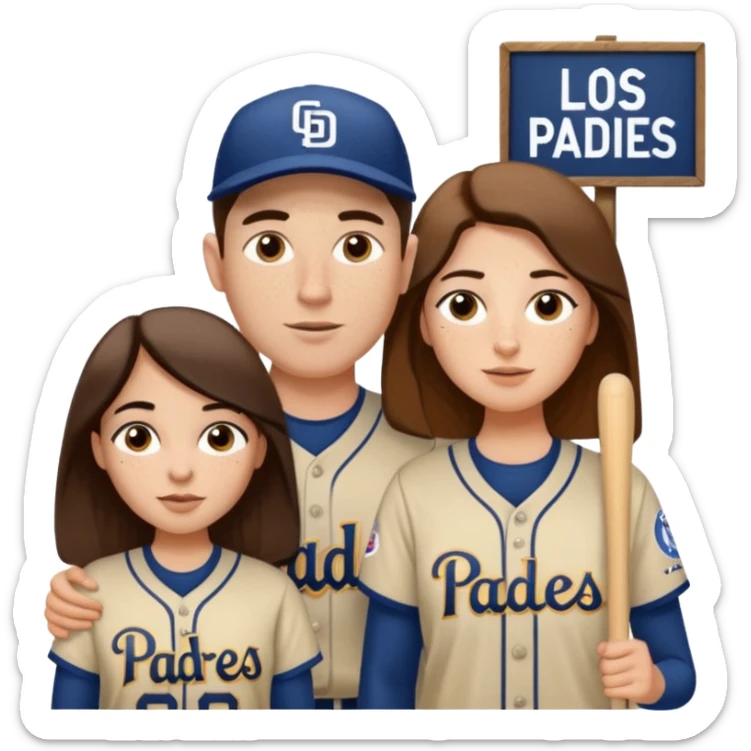 *White* Smiling couple. Woman has big cheeks and a lot of freckles on the nose. long brown hair. Man has black and very short hair and prominent eyebrows with egipcian nose. Both are wearing “Los Padres” baseball jerseys and with a sign that says “Go Padres!” sticker