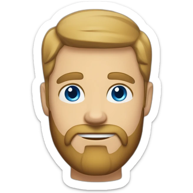 White man with a sun kissed tan and blue eyes. His hair is dark brown, styled sideways backwards. He has a beard and mustache trimmed. Wears a black t-shirt, Apple pencil behind his ear. sticker