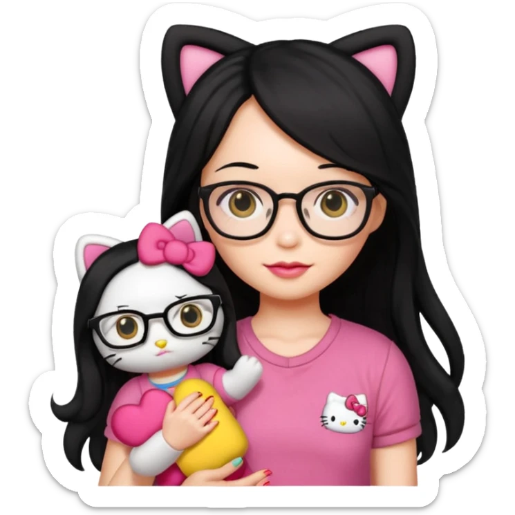 Nails cute with hello kitty wear glasses black long  hair, wear yellow shirt , red nails , big hello kitty doll sticker