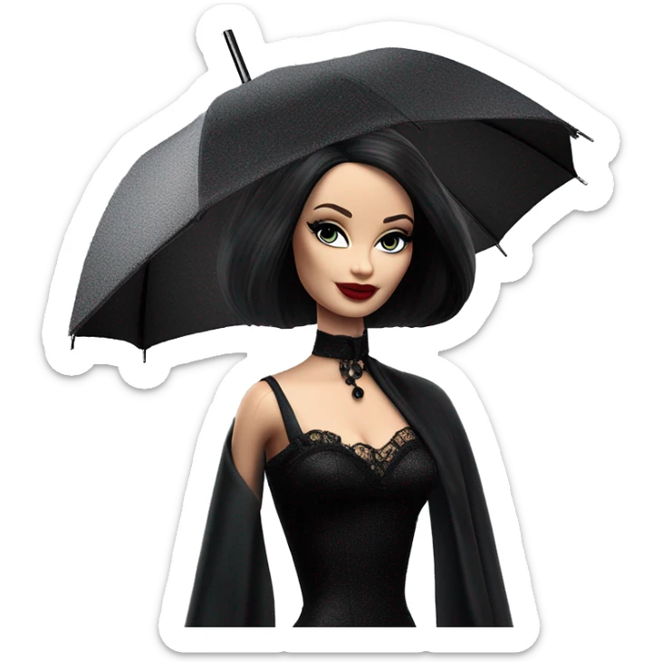 Stunning in the Spotlight Barbie, teen Morticia Addams,showing off, show full body,accessories  gloves funeral veil umbrella  sticker