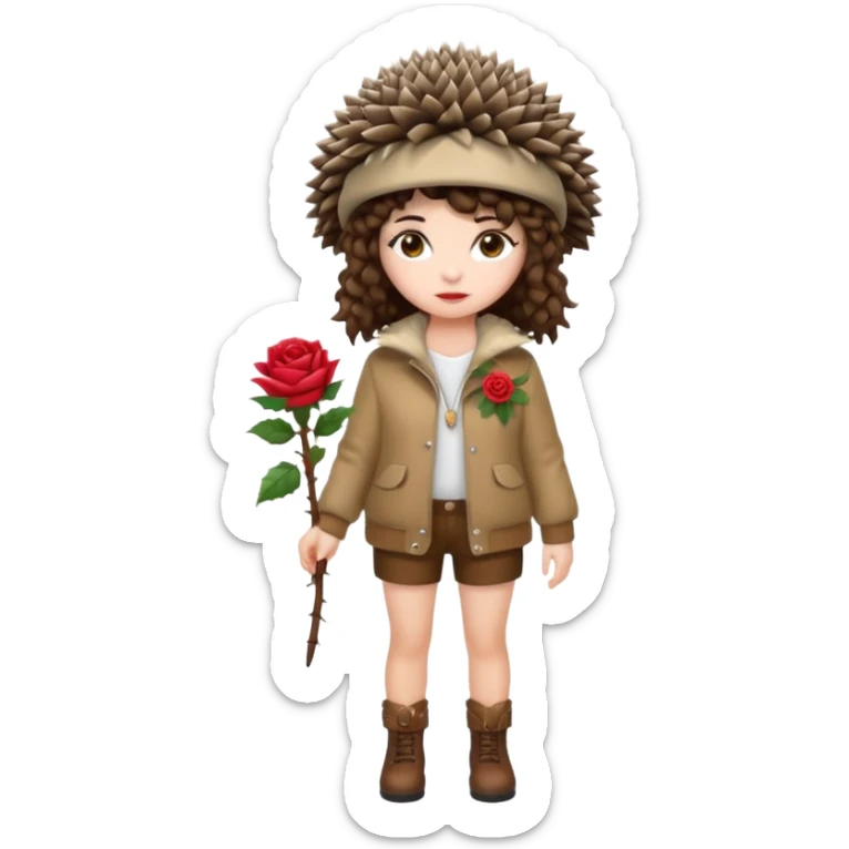 full body woman short curly brown mullet hair brown eyes white skin wearing hedgehog hat and thorny rose jacket sticker