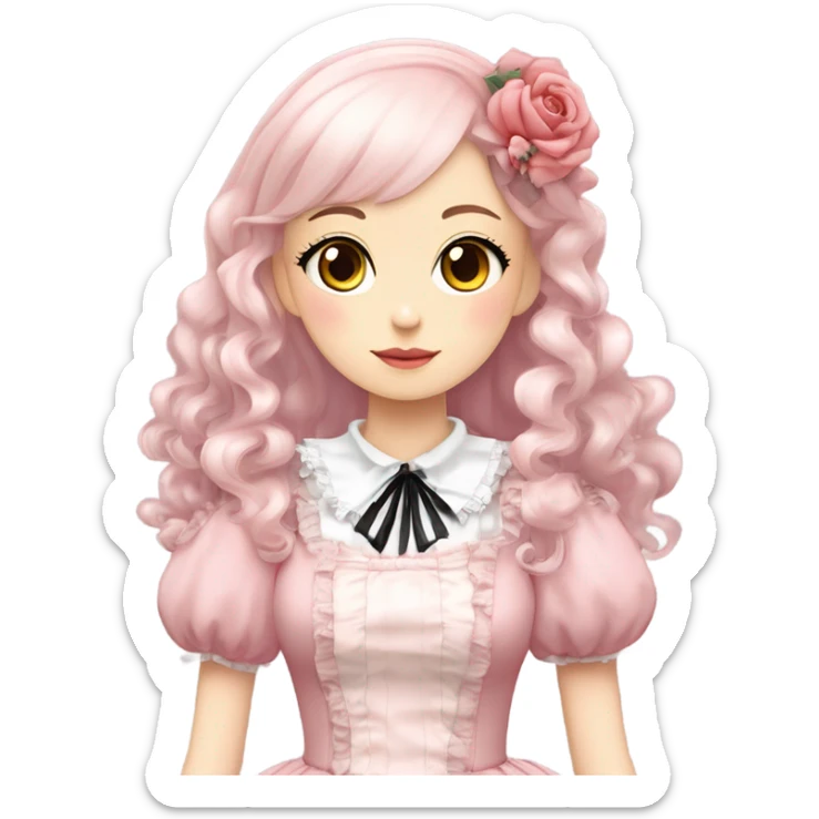 Vestido rosa pastel y white gothic lolita, cuerpo completo, color de piel morena, pelo largo, pelo de color rojo y negro sticker