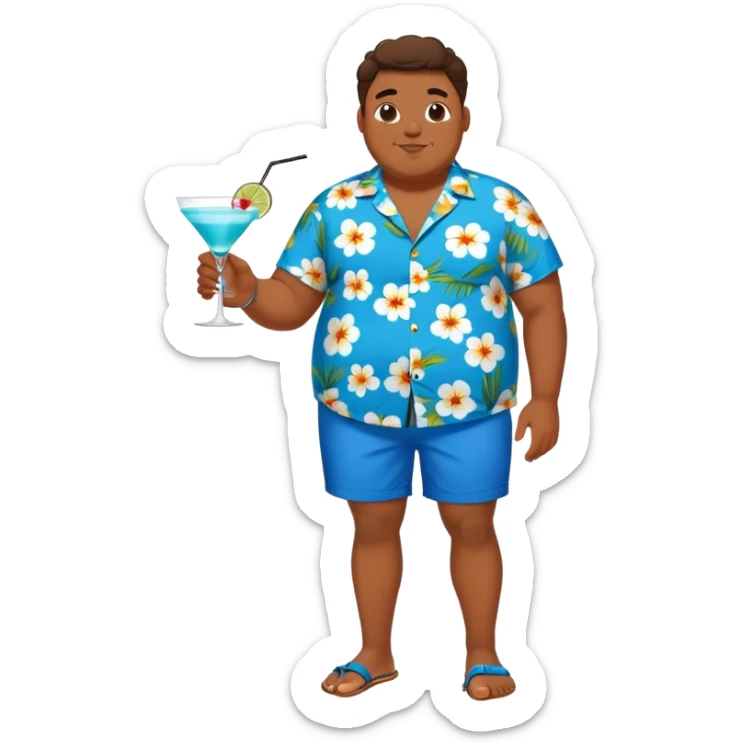 chubby guy full figure in a flowered azure havai shirt, brown shorts and flippers holding a cocktail sticker