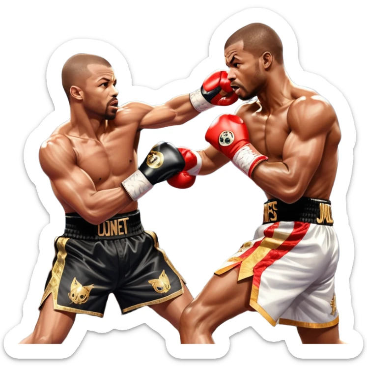 Roy Jones Jr. vs. Montell Griffin in the boxing ring. Jones is delivering a swift, powerful jab, while Griffin counters with a defensive move. The background shows a packed arena with bright lights, emphasizing the intensity and skill of the legendary fight. Transparent background sticker