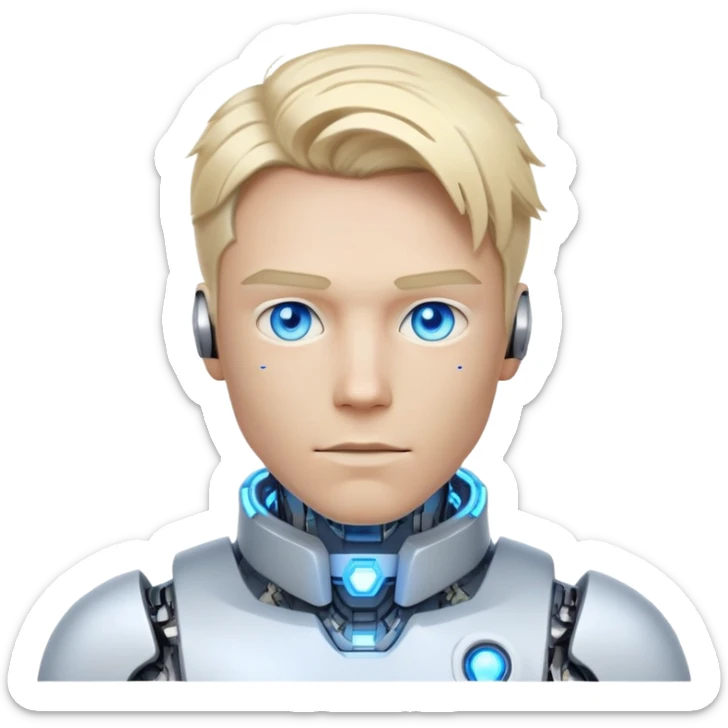 Cyborg male with tousled straight blond hair, partly mechanical face, glowing eyes, white tech collar sticker