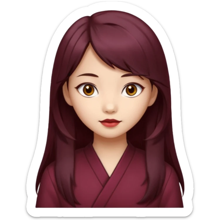 asian girl, long dark burgundy brown hair, hazel brown eyes, half lidded eyes, wolfcut hairstyle sticker