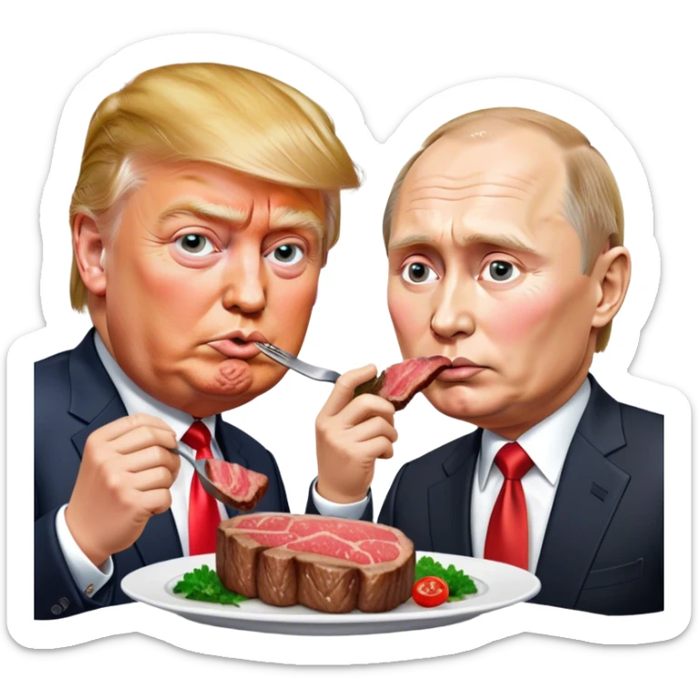 photorealistic Donald Trump and Putin eating a steak shaped like an piece of land sticker
