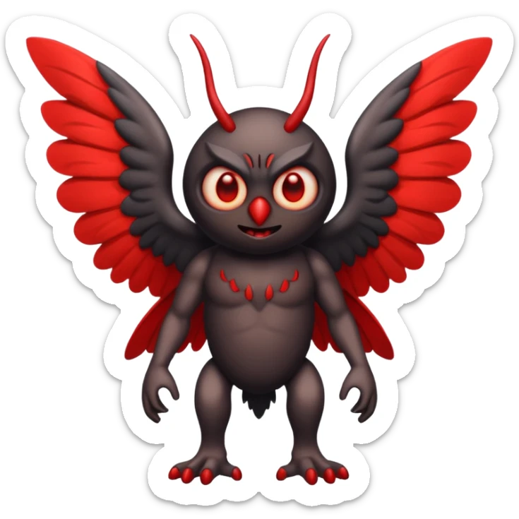 Create a scary emoji of the mothman with bright red eyes and as depicted in the legend. Make it less bird like sticker